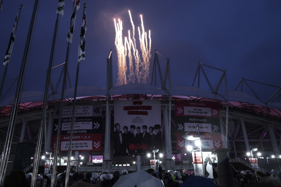 Fans of BTS gather outside Goyang Stadium during the ARIRANG world tour